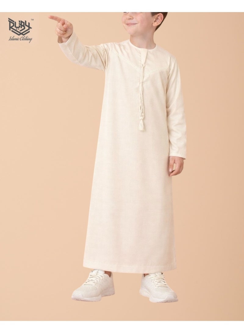 RUBY ISLAMIC CLOTHING Classic Off White Emirati Thobe kandura for Children & kids with Intricate Embroidery kandura Kaftan Round Neck Long Sleeve Saudi Arabian Muslim Robe - Image 2